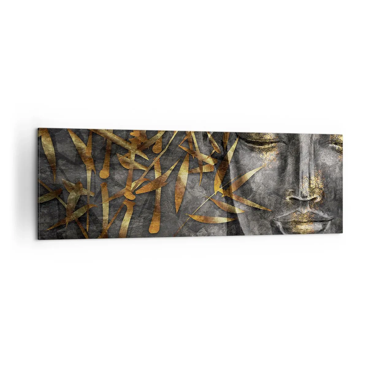 Obraz na płótnie - Zen wizerunek Buddy z złotymi bambusami - 160x50cm - Poczuj spokój - Nowoczesna dekoracja ścienna do salonu i sypialni ARTTOR
