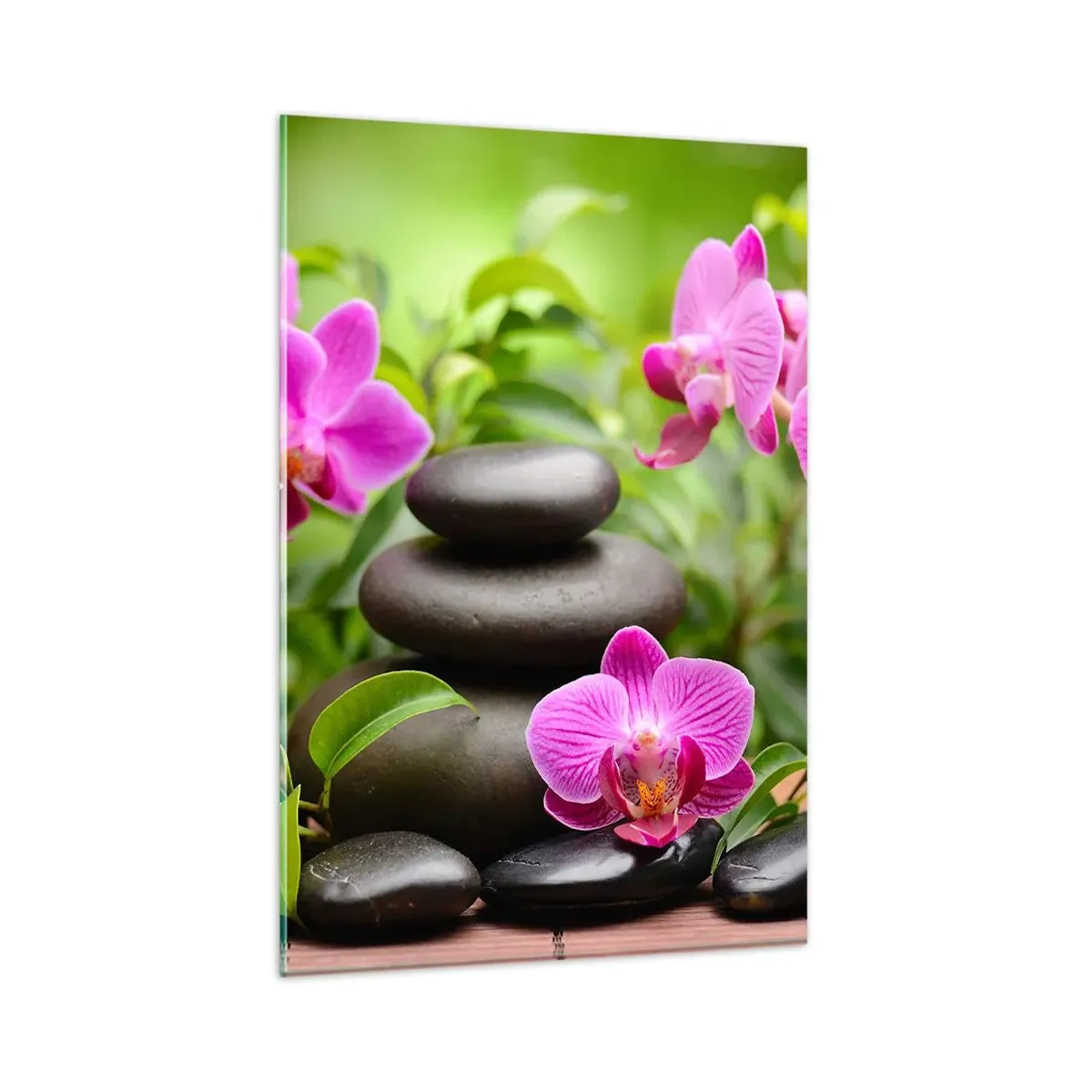 Obraz na szkle - Różowe orchidee z kamieniami na tle zieleni - 80x120cm - Piramida spokoju - Nowoczesna dekoracja ścienna do salonu i sypialni ARTTOR
