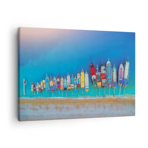 Obraz na płótnie - Kolorowe łodzie ustawione w rząd nad brzegiem - 70x50cm - Z lotu ptaka - Nowoczesna dekoracja ścienna do salonu i sypialni ARTTOR