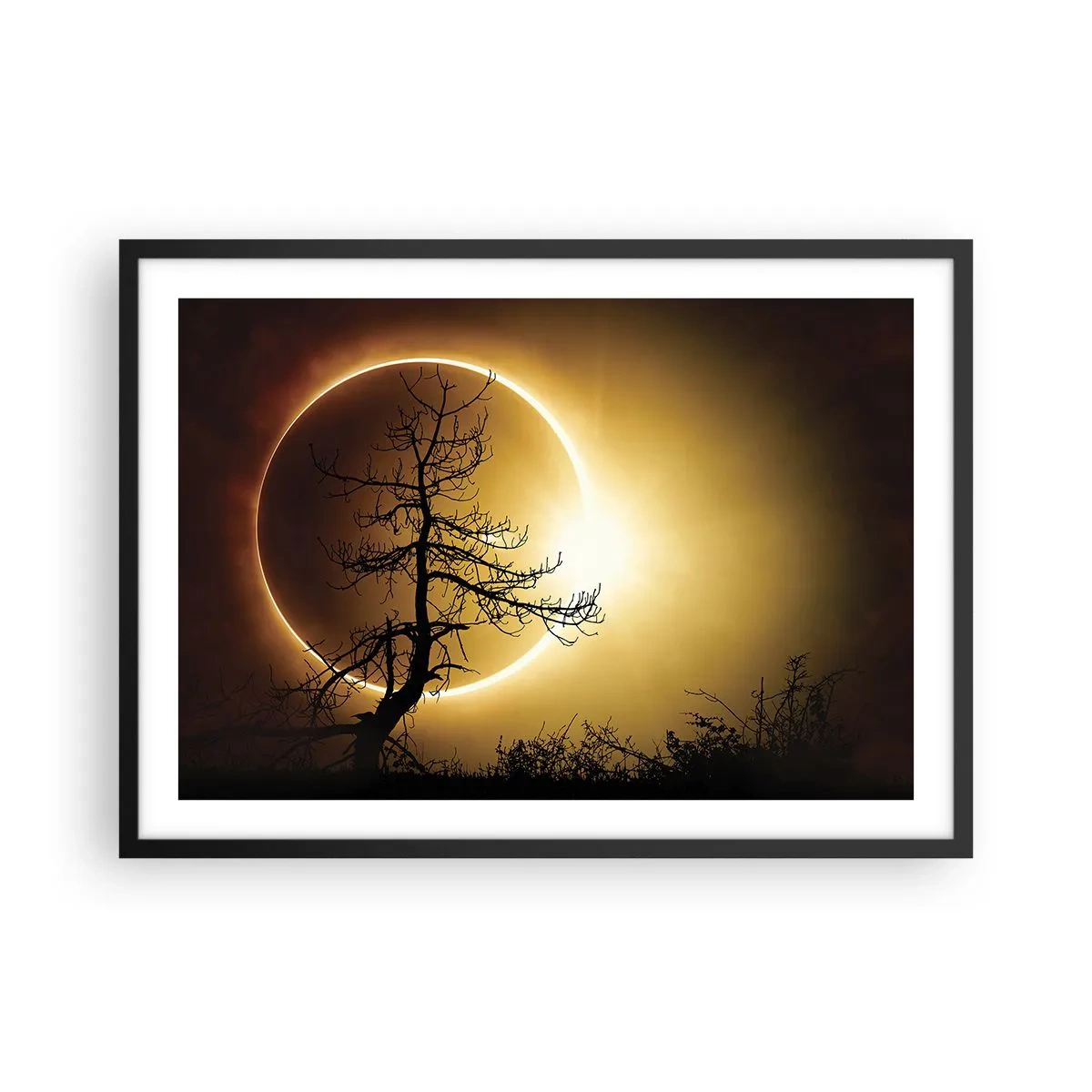 Plakat w czarnej ramie - Zaćmienie słońca z sylwetką drzewa na pierwszym planie - 70x50cm - Całkowite zaćmienie - Nowoczesna dekoracja ścienna do salonu i sypialni ARTTOR