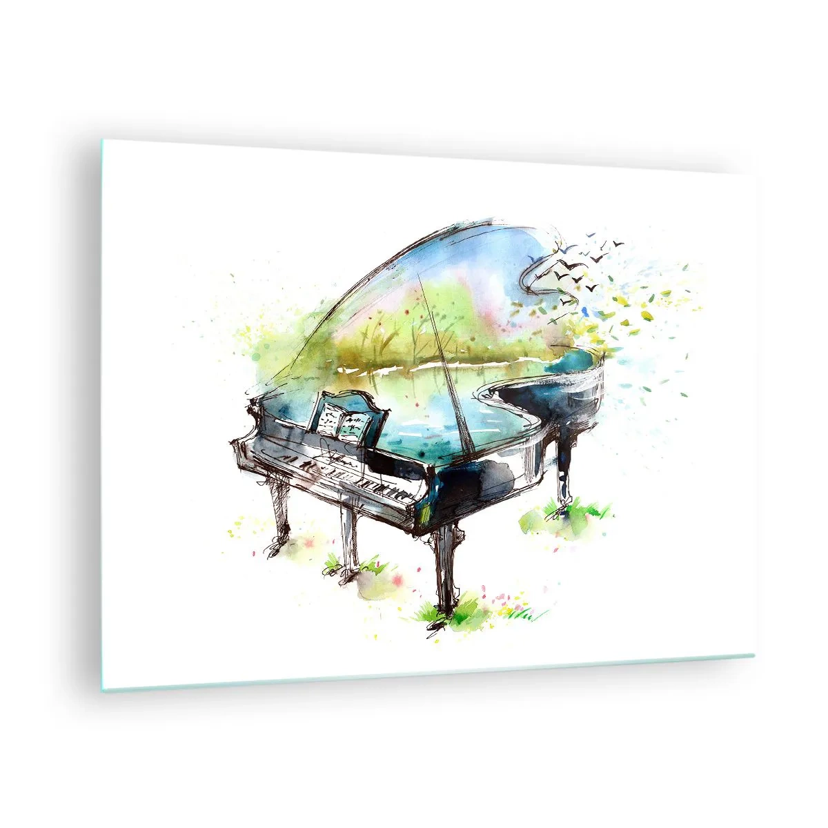 Obraz na szkle - Akwarela fortepianu w otoczeniu natury - 70x50cm - Zaklęte w muzyce - Nowoczesna dekoracja ścienna do salonu i sypialni ARTTOR
