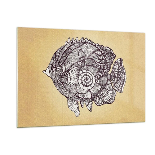 Obraz na szkle - Rysunkowa ryba z ornamentami na beżowym tle - 120x80cm - Z oceanu ornamentów - Nowoczesna dekoracja ścienna do salonu, kuchni i sypialni ARTTOR