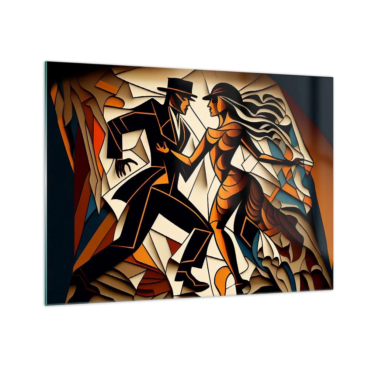Obraz na szkle - Stylizowana para w tańcu w dynamicznej abstrakcyjnej formie - 70x50cm - Taniec pasji i namiętności - Nowoczesna dekoracja ścienna do salonu i sypialni ARTTOR