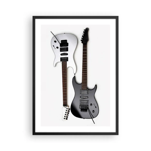 Plakat w czarnej ramie - Nowoczesne gitary elektryczne na białym tle - 50x70cm - Harmonia kształtów - Nowoczesna dekoracja ścienna do salonu i sypialni ARTTOR