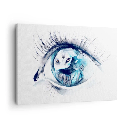 Obraz na płótnie - Oko z wizerunkiem sowy w akwarelowych odcieniach niebieskiego - 70x50cm - Oko w oko z dzikością - Nowoczesna dekoracja ścienna do salonu i sypialni ARTTOR