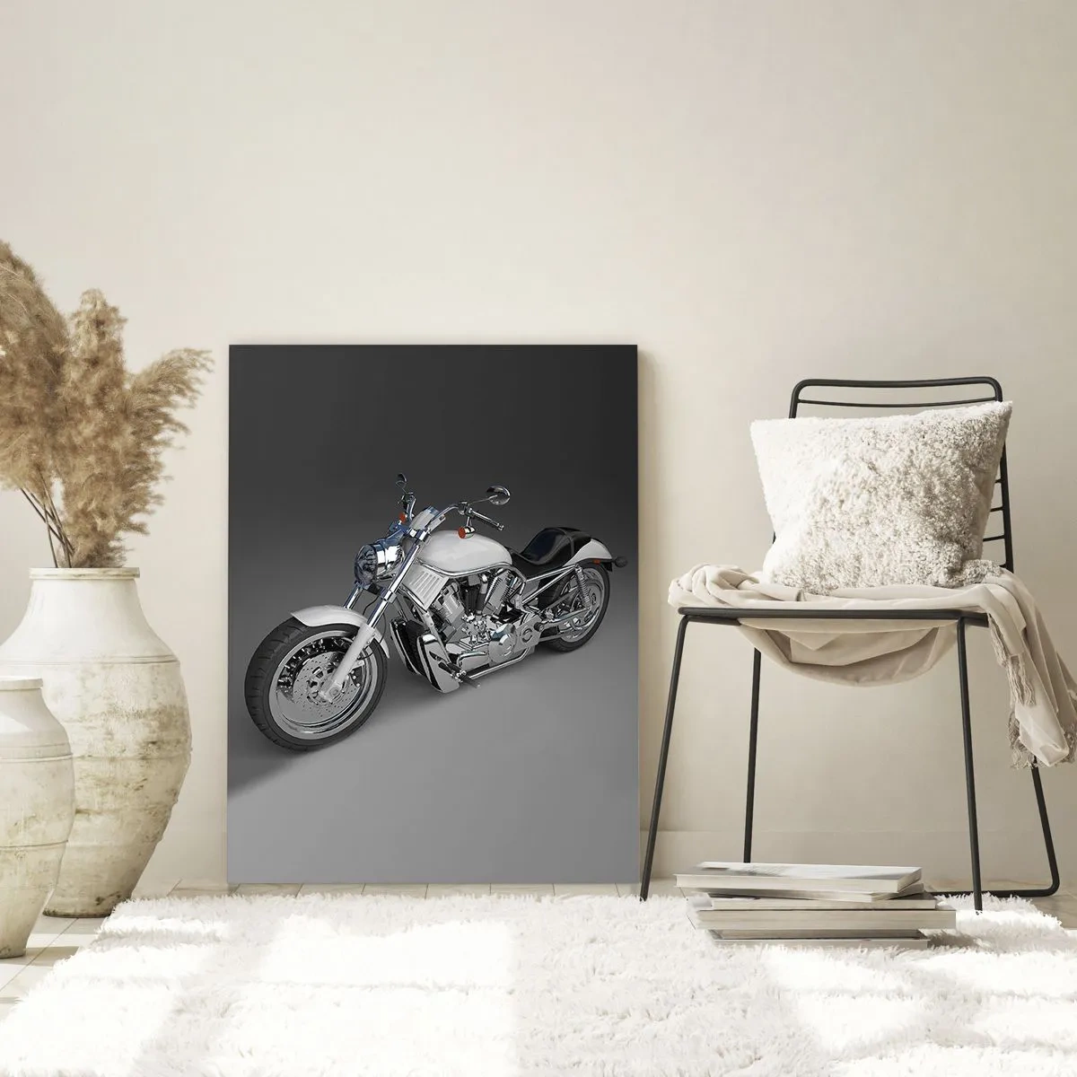 Obraz na szkle - Stylowy motocykl na szarym tle w nowoczesnym ujęciu - 50x70cm - Aż chce się klęknąć - Nowoczesna dekoracja ścienna do salonu, kuchni i sypialni ARTTOR