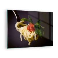 Üveg kép - Spagetti tészta villával paradicsomszósszal - 70x50cm - Ízletes falat - Modern fali dekoráció nappalihoz és hálószobához ARTTOR