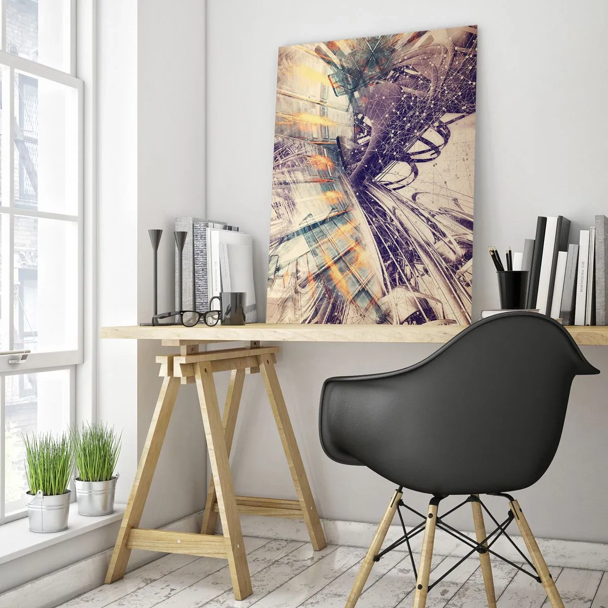 Obraz na szkle - Dynamiczna abstrakcja w odcieniach beżu i fioletu - 70x100cm - W wielkim pędzie - Nowoczesna dekoracja ścienna do salonu i sypialni ARTTOR