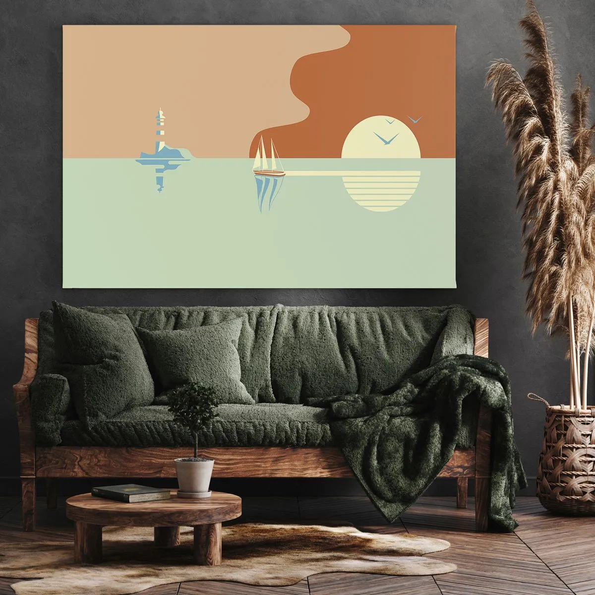 Obraz na płótnie - Minimalistyczny pejzaż morski z żaglówką i zachodem słońca - 70x50cm - Morski pejzaż idealny - Nowoczesna dekoracja ścienna do salonu i sypialni ARTTOR
