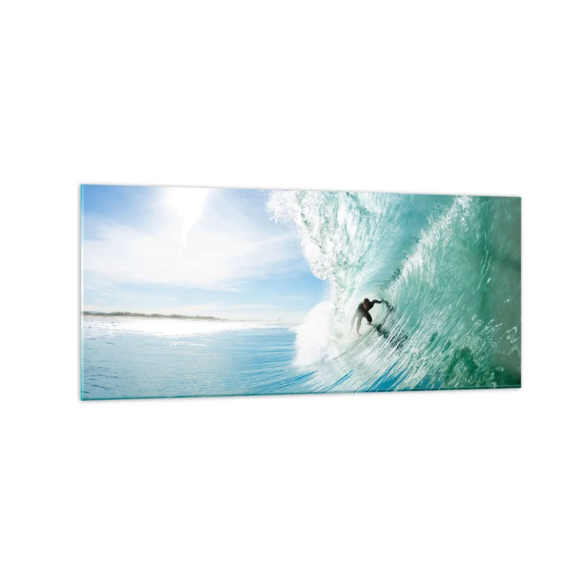 Obraz na szkle - Surfer na fali w świetle słońca na tle błękitnego nieba - 120x50cm - Zawsze na fali - Nowoczesna dekoracja ścienna do salonu i sypialni ARTTOR