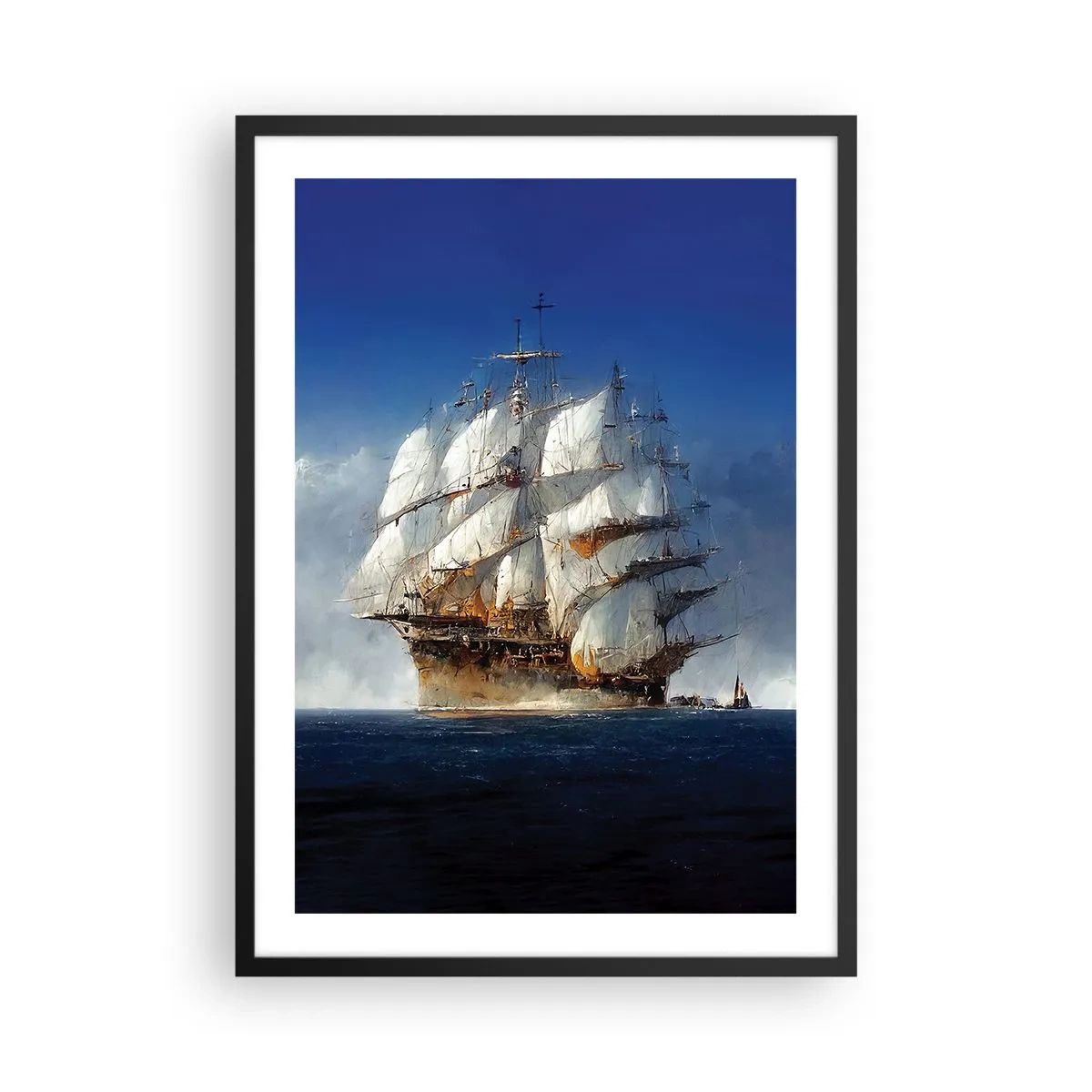 Plakat w czarnej ramie - Żaglowiec na pełnym morzu pod pełnymi żaglami w świetle słońca - 50x70cm - The great glory! - Nowoczesna dekoracja ścienna do salonu i sypialni ARTTOR