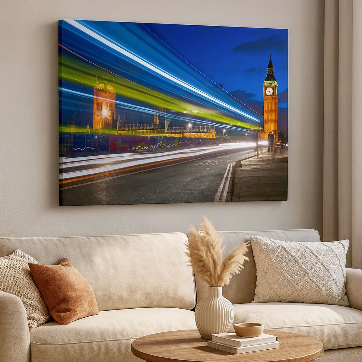 Obraz na płótnie - Big Ben nocą z efektem świateł w ruchu na ulicy - 70x50cm - Pod okiem Big Bena - Nowoczesna dekoracja ścienna do salonu i sypialni ARTTOR