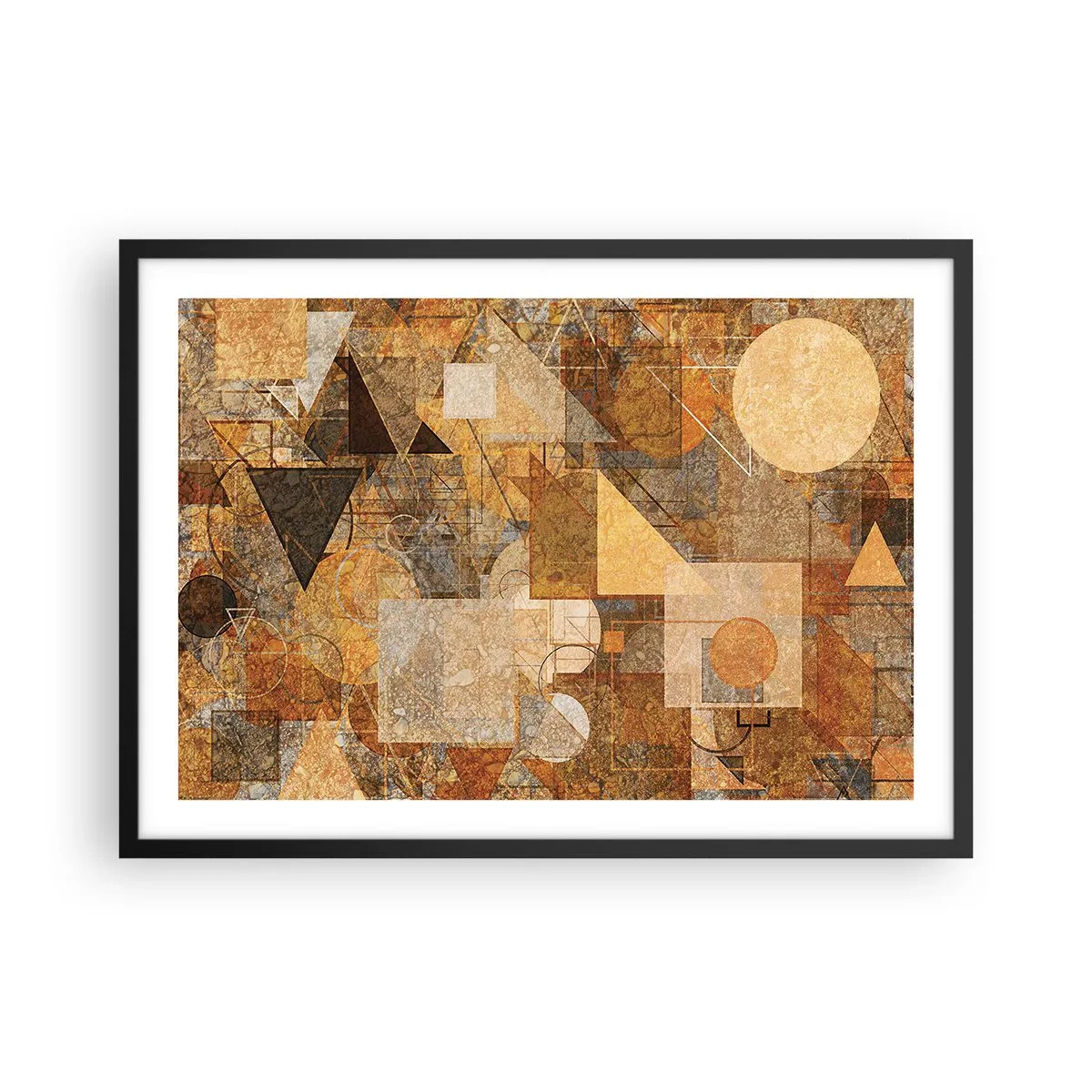 Plakat w czarnej ramie - Abstrakcyjne geometryczne figury w ciepłych odcieniach - 70x50cm - Kubistyczne studium brązu - Nowoczesna dekoracja ścienna do salonu i sypialni ARTTOR