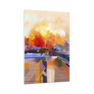 Obraz na szkle - Abstrakcyjny krajobraz z intensywnymi barwami jesieni - 80x120cm - Stała się jesień - Nowoczesna dekoracja ścienna do salonu i sypialni ARTTOR