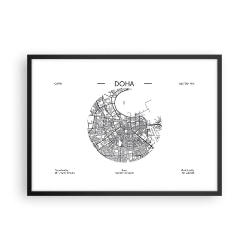 Plakat w czarnej ramie - Minimalistyczna mapa Dohy w czarno-białej kolorystyce z precyzyjnymi detalami - 70x50cm - Anatomia Dohy - Nowoczesna dekoracja ścienna do salonu i sypialni ARTTOR