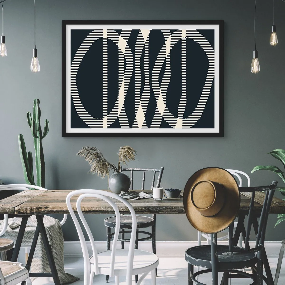 Plakat w czarnej ramie - Geometryczne linie w jasnych odcieniach na ciemnym tle - 70x50cm - Próba przełamania ciemności - Nowoczesna dekoracja ścienna do salonu i sypialni ARTTOR