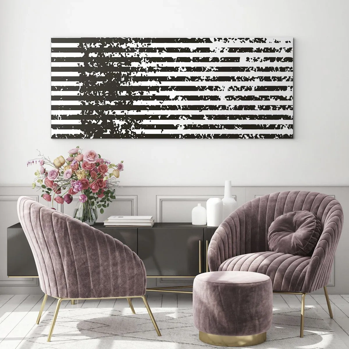 Obraz na szkle - Abstrakcyjne linie z efektem przetarcia w czerni i bieli - 120x50cm - Rytm i szum - Nowoczesna dekoracja ścienna do salonu i sypialni ARTTOR