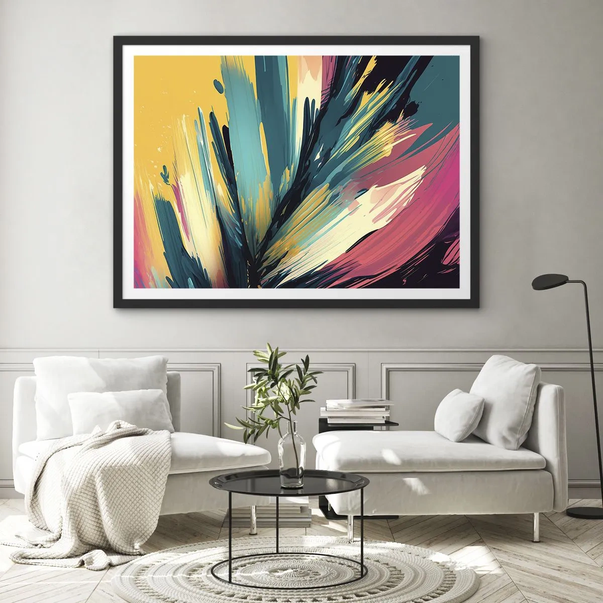Plakat w czarnej ramie - Abstrakcyjna kompozycja w intensywnych i kontrastowych barwach - 100x70cm - Kompozycja – eksplozja radości - Nowoczesna dekoracja ścienna do salonu i sypialni ARTTOR