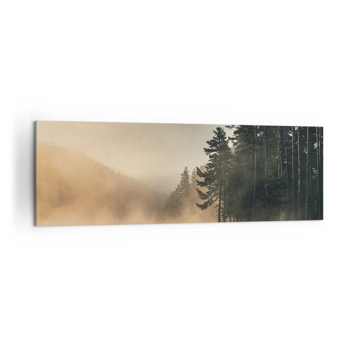 Obraz na płótnie - Mglisty las nad spokojnym jeziorem - 160x50cm - Narodziny dnia - Nowoczesna dekoracja ścienna do salonu i sypialni ARTTOR