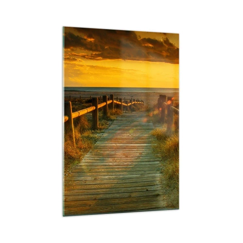 Obraz na szkle - Drewniana ścieżka prowadząca na plażę w blasku zachodzącego słońca - 70x100cm - Skąpane w starym złocie - Nowoczesna dekoracja ścienna do salonu i sypialni ARTTOR