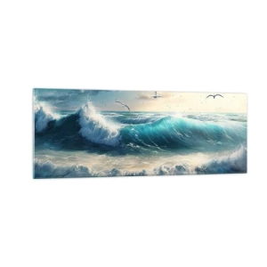 Obraz na szkle - Morskie fale na plaży pod błękitnym niebem z mewami - 140x50cm - Szumi tylko dla ciebie - Nowoczesna dekoracja ścienna do salonu i sypialni ARTTOR