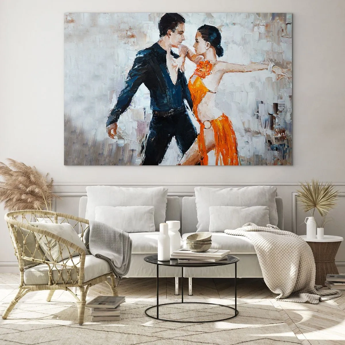 Obraz na szkle - Para tańcząca w dynamicznej pozie na tle w stylu impresjonistycznym - 70x50cm - Dirty dancing - Nowoczesna dekoracja ścienna do salonu i sypialni ARTTOR