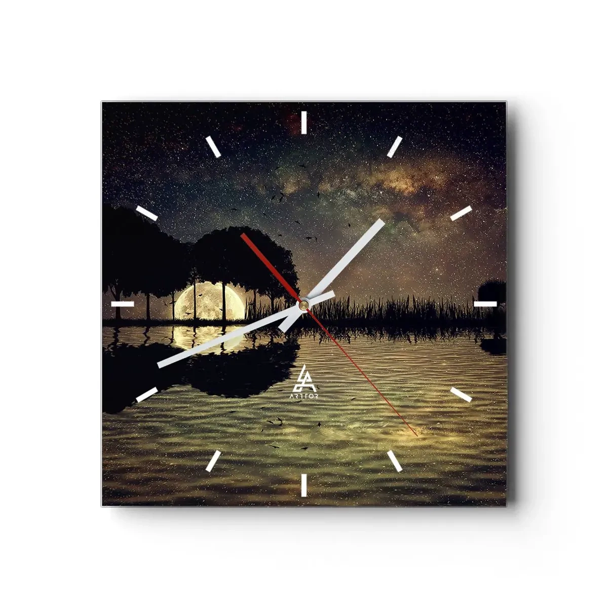 Zegar ścienny - Magiczna noc z drzewami i odbiciem księżyca na wodzie - 30x30cm - Noc na krańcu świata - Nowoczesna dekoracja ścienna do salonu i sypialni ARTTOR