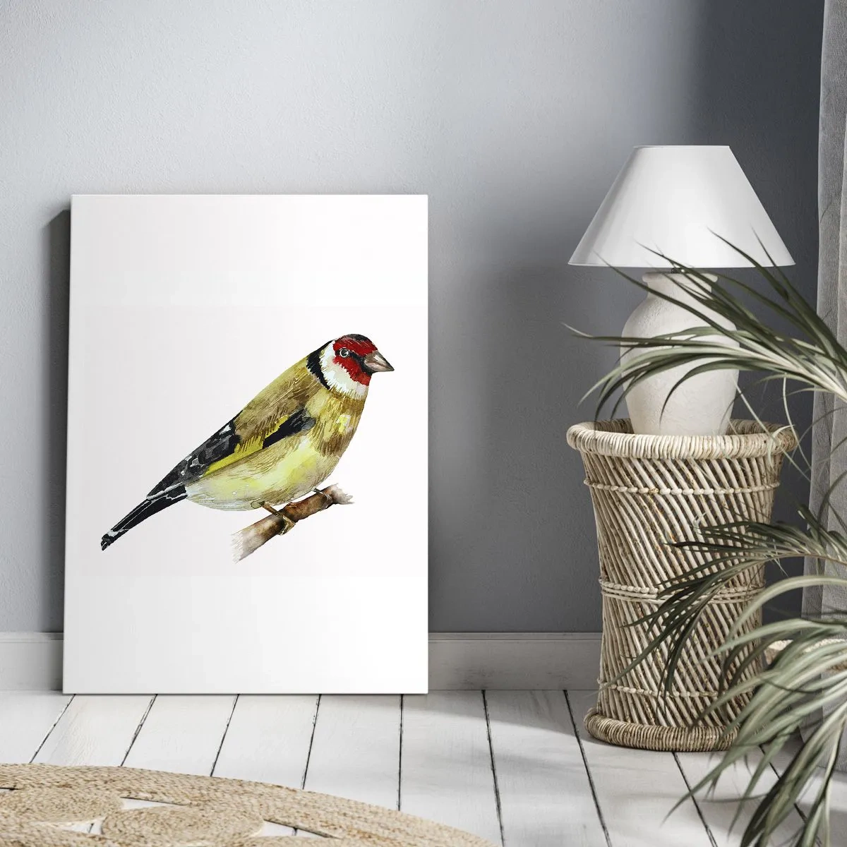 Obraz na płótnie - Akwarelowy portret szczygła siedzącego na gałęzi na białym tle - 50x70cm - Ptasi portret - Nowoczesna dekoracja ścienna do salonu, kuchni i sypialni ARTTOR