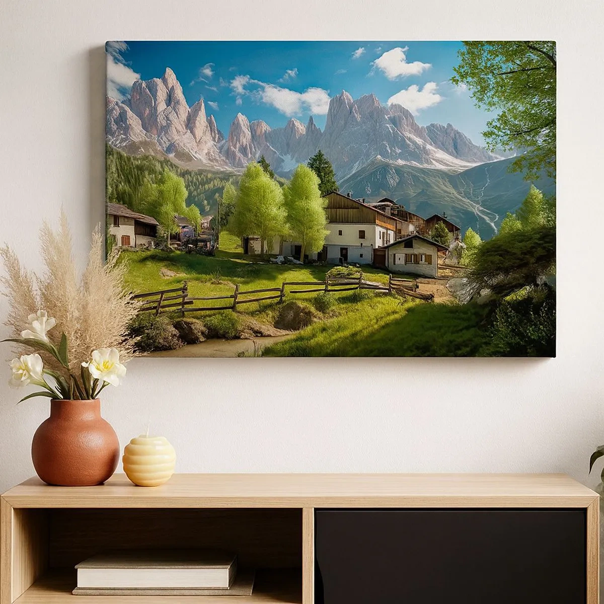 Obraz na płótnie - Górska wioska z domami i widokiem na szczyty Alp - 70x50cm - Alpejska sielanka - Nowoczesna dekoracja ścienna do salonu i sypialni ARTTOR