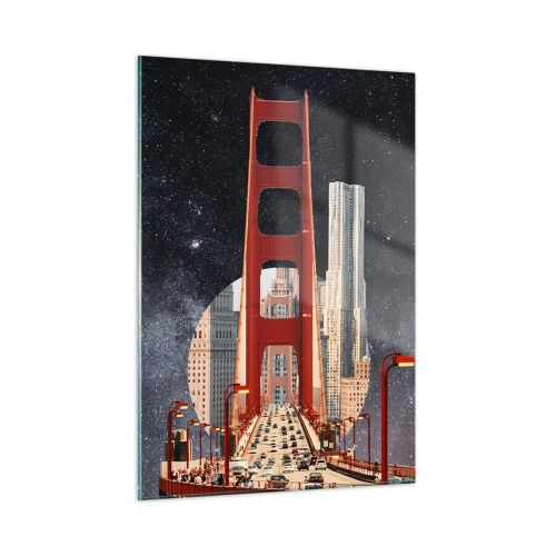 Obraz na szkle - Most i wieżowce w surrealistycznym tle z galaktyką - 50x70cm - Zawsze w centrum - Nowoczesna dekoracja ścienna do salonu, kuchni i sypialni ARTTOR
