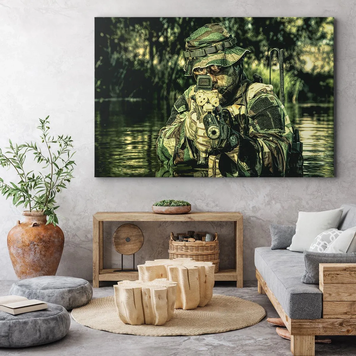 Obraz na płótnie - Żołnierz w kamuflażu celujący przez wodę - 70x50cm - Najlepszy z najlepszych - Nowoczesna dekoracja ścienna do salonu i sypialni ARTTOR