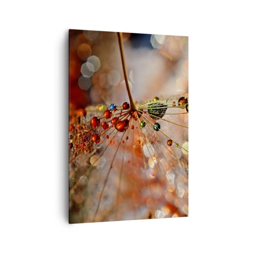 Obraz na płótnie - Makrofotografia kropli wody na delikatnej roślinie - 70x100cm - Nanizane na pajęczą nić - Nowoczesna dekoracja ścienna do salonu i sypialni ARTTOR