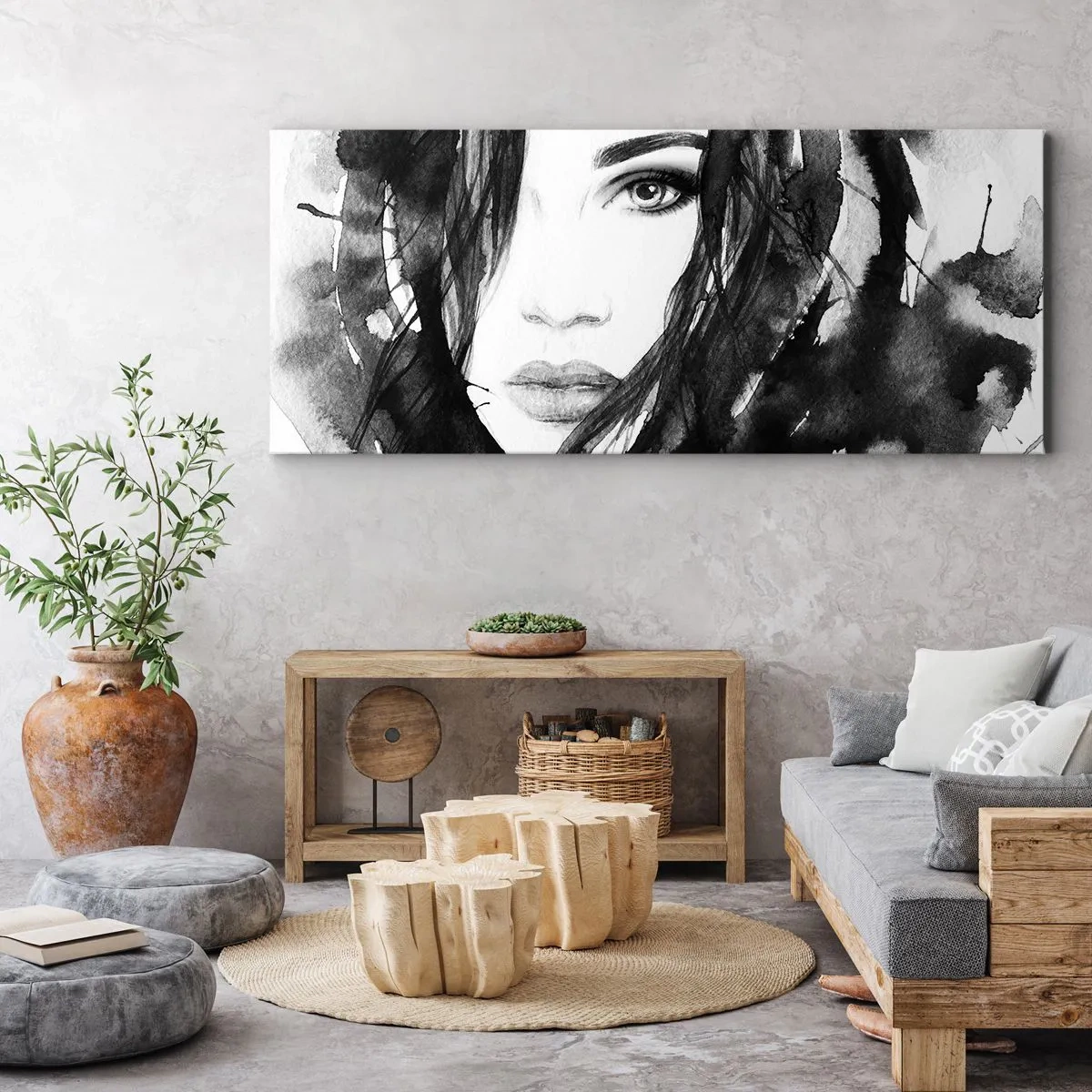 Obraz na płótnie - Portret damy w czerni i bieli - 100x40 cm