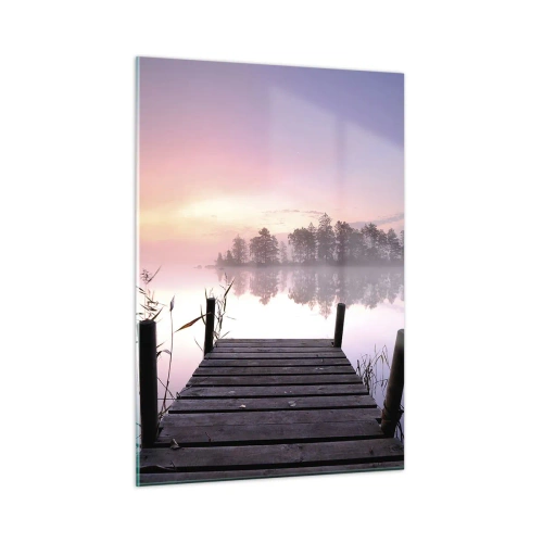 Obraz na szkle - Pomost o wschodzie słońca nad spokojnym jeziorem - 50x70cm - Z liliowej mgły... - Nowoczesna dekoracja ścienna do salonu, kuchni i sypialni ARTTOR