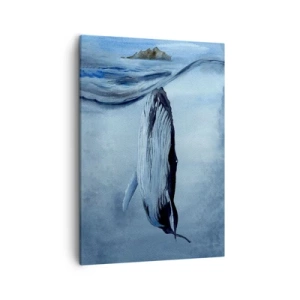 Obraz na płótnie - Wieloryb wynurzający się spod tafli wody, akwarela - 50x70cm - Dwa światy północy - Nowoczesna dekoracja ścienna do salonu, kuchni i sypialni ARTTOR