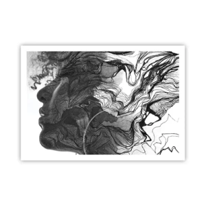 Plakat - Abstrakcyjna twarz w czerni i bieli z dynamicznymi liniami - 100x70cm - Zaplątana w marzeniach - Nowoczesna dekoracja ścienna do salonu i sypialni ARTTOR