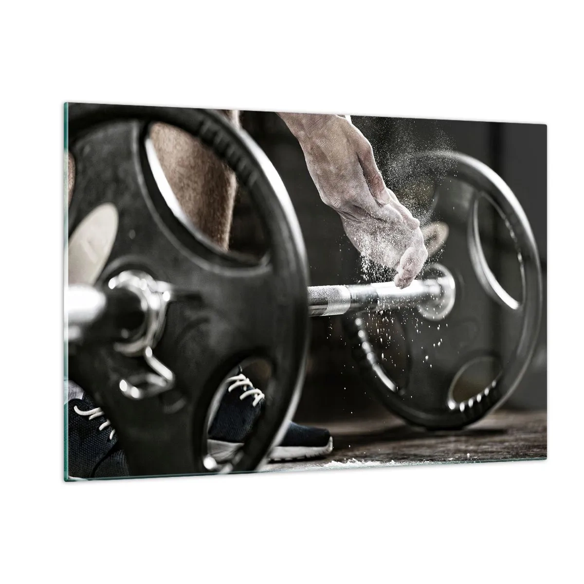 Obraz na szkle - Podnoszenie ciężarów z kredą na dłoniach i sztangą - 120x80cm - Wyzwanie podjęte! - Nowoczesna dekoracja ścienna do salonu, kuchni i sypialni ARTTOR