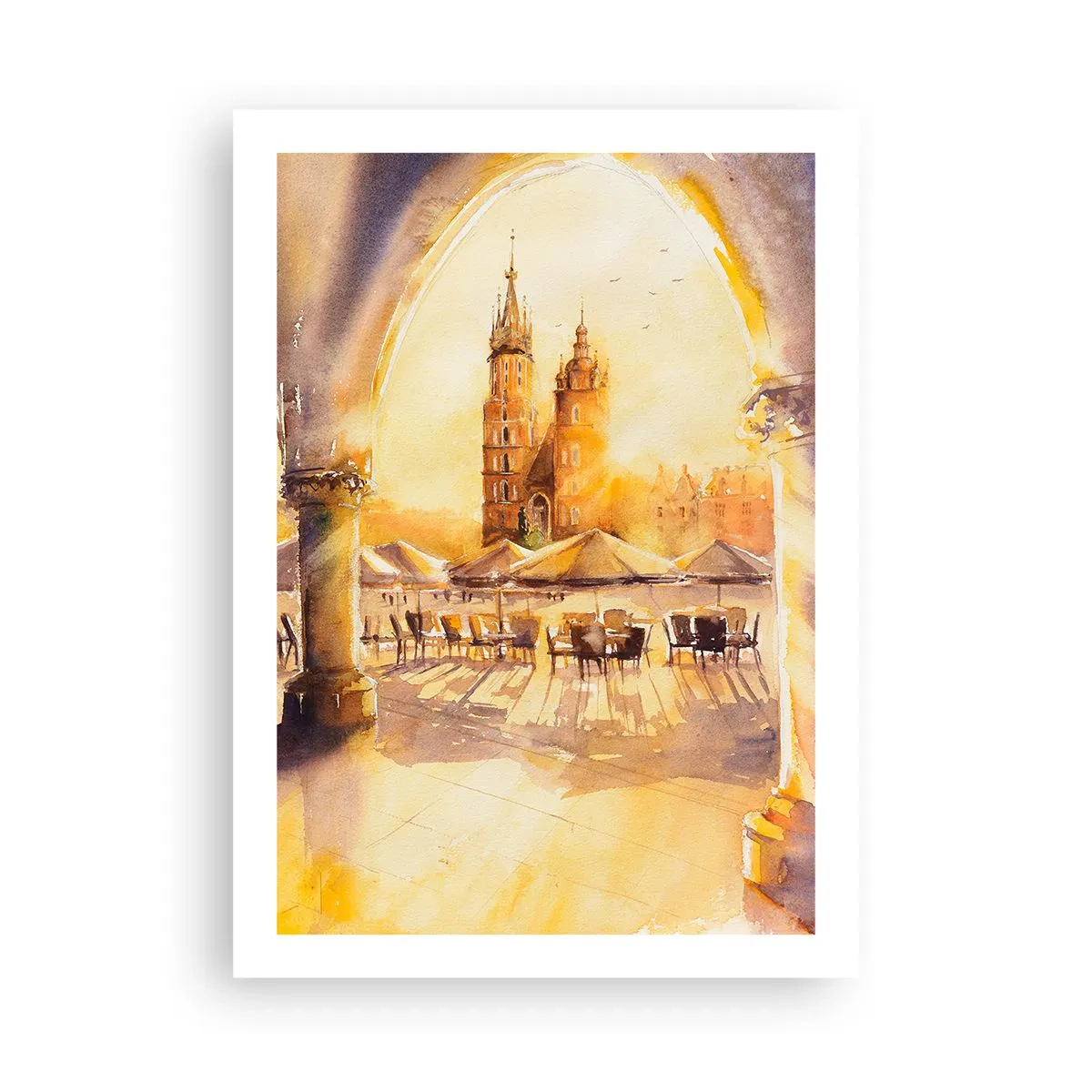 Plakat - Akwarela przedstawiająca krakowski rynek o zachodzie słońca - 50x70cm - Wschód nad krakowskim rynkiem - Nowoczesna dekoracja ścienna do salonu, kuchni i sypialni ARTTOR