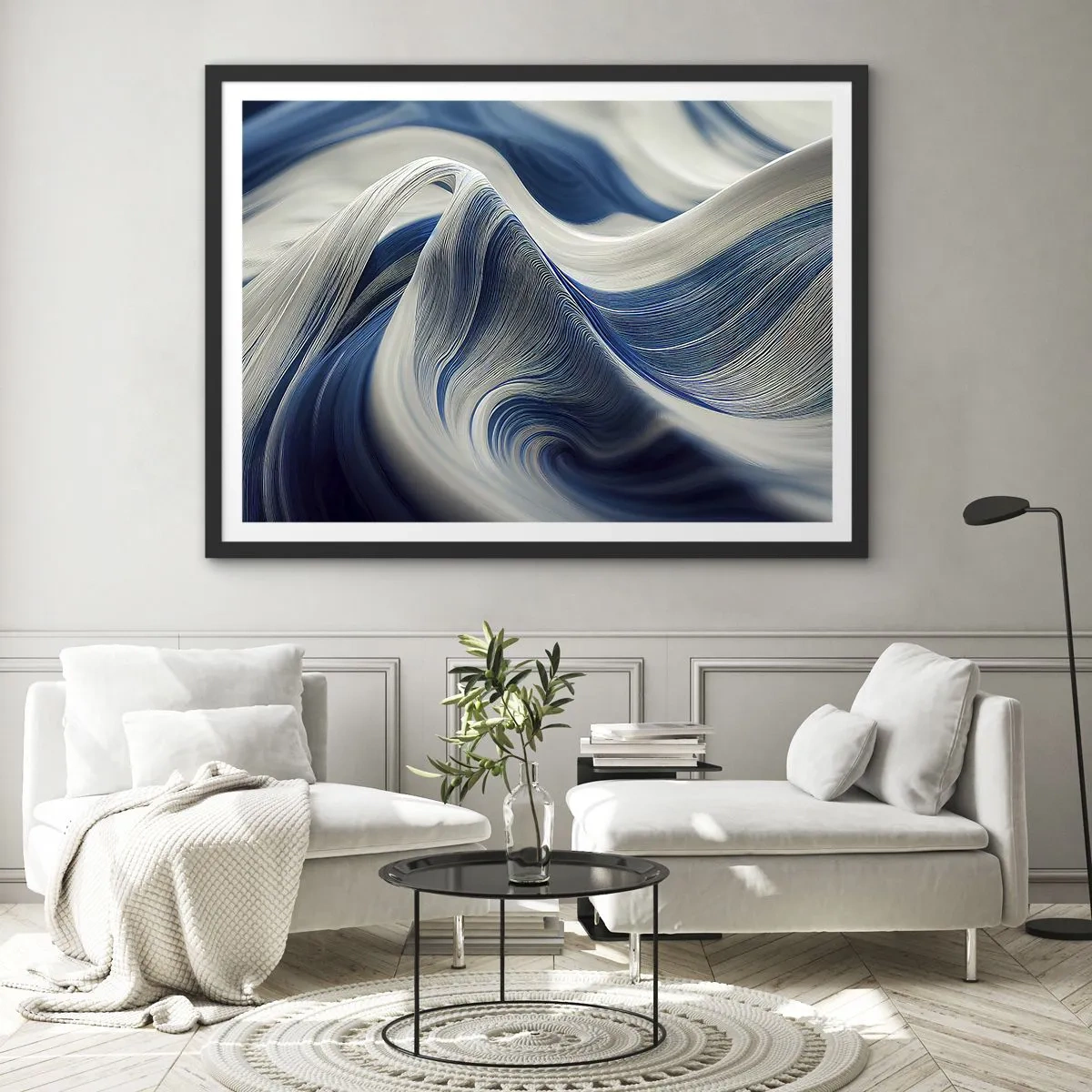 Plakat w czarnej ramie - Abstrakcyjne fale w odcieniach błękitu i bieli - 70x50cm - Płynność błękitu i bieli - Nowoczesna dekoracja ścienna do salonu i sypialni ARTTOR