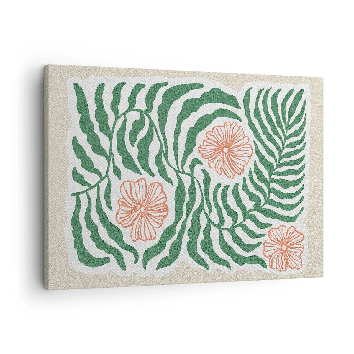 Obraz na płótnie - Minimalistyczny motyw zielonych liści z kwiatami w odcieniach pomarańczowego - 70x50cm - Rozkwitłe w zieleni - Nowoczesna dekoracja ścienna do salonu i sypialni ARTTOR