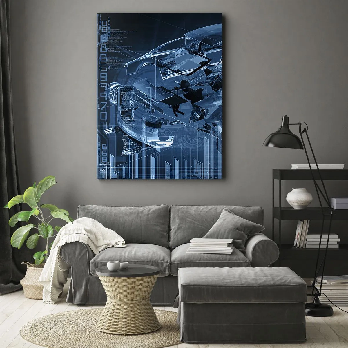 Obraz na płótnie - Futurystyczna wizualizacja technologii motoryzacyjnej - 50x70cm - Inżynierska anatomia - Nowoczesna dekoracja ścienna do salonu, kuchni i sypialni ARTTOR