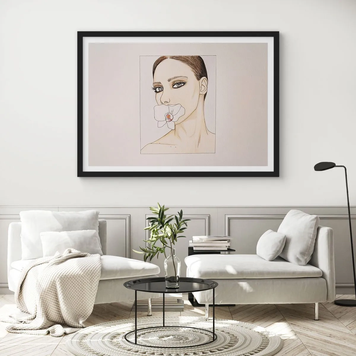 Plakat w czarnej ramie - Portret kobiety z orchideą w delikatnych barwach - 100x70cm - Symbol elegancji i piękna - Nowoczesna dekoracja ścienna do salonu i sypialni ARTTOR