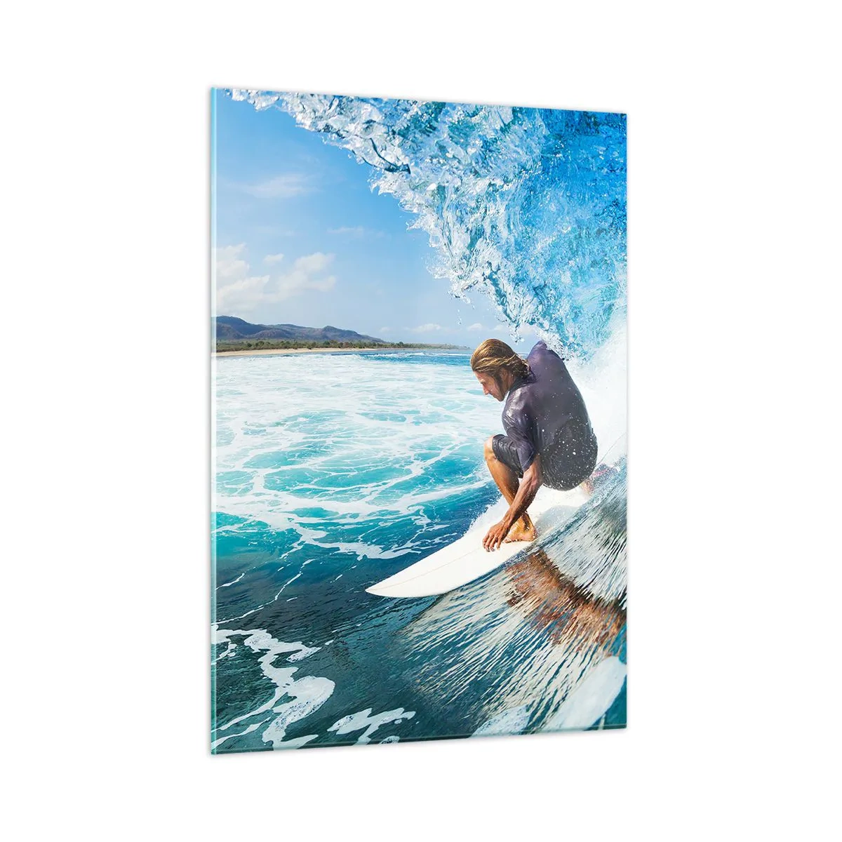 Obraz na szkle - Surfer w tunelu wodnym na tle oceanu - 50x70cm - Tańczący z falami - Nowoczesna dekoracja ścienna do salonu, kuchni i sypialni ARTTOR
