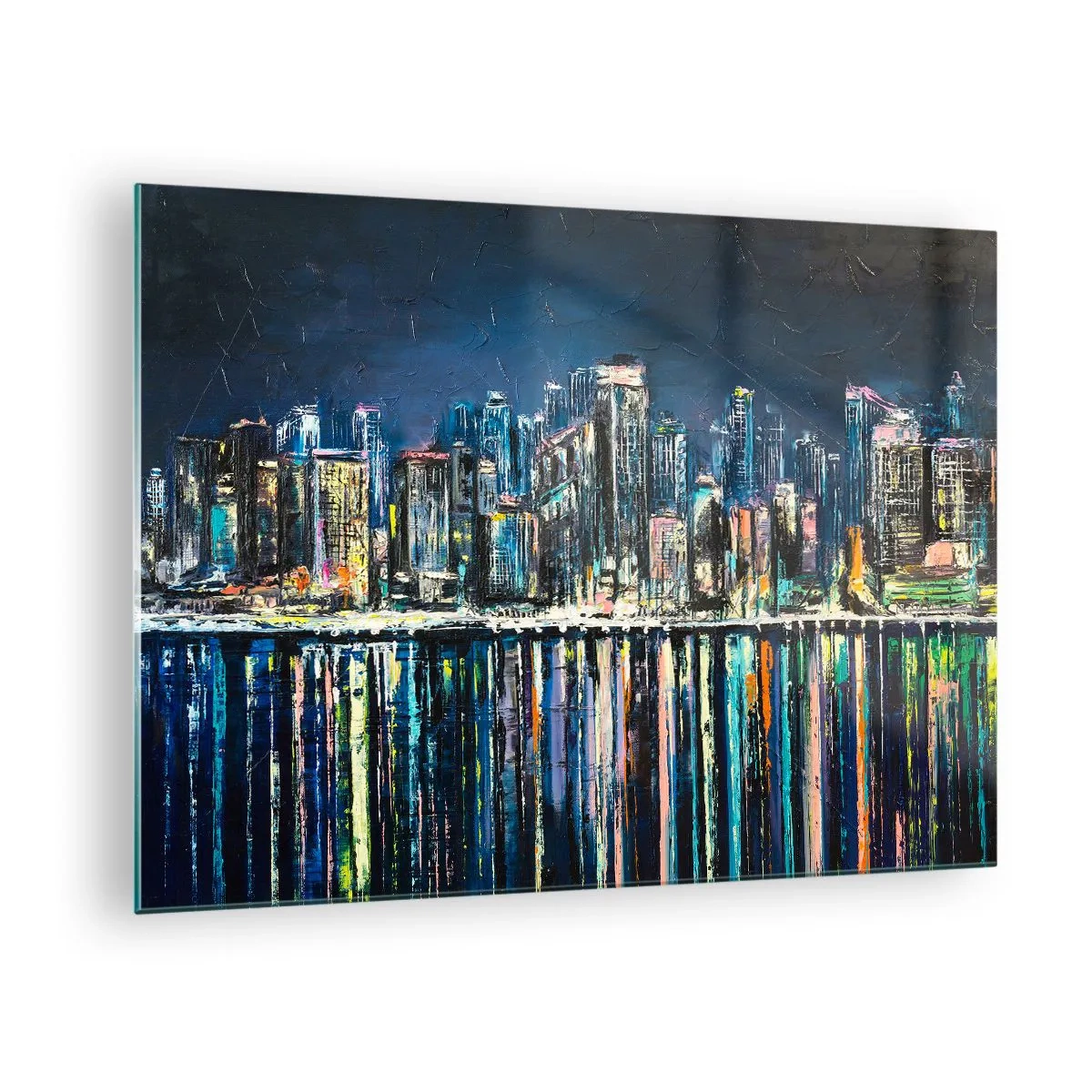 Obraz na szkle - Panorama miasta nocą z odbiciem świateł w wodzie - 70x50cm - Kaskada swiateł - Nowoczesna dekoracja ścienna do salonu i sypialni ARTTOR