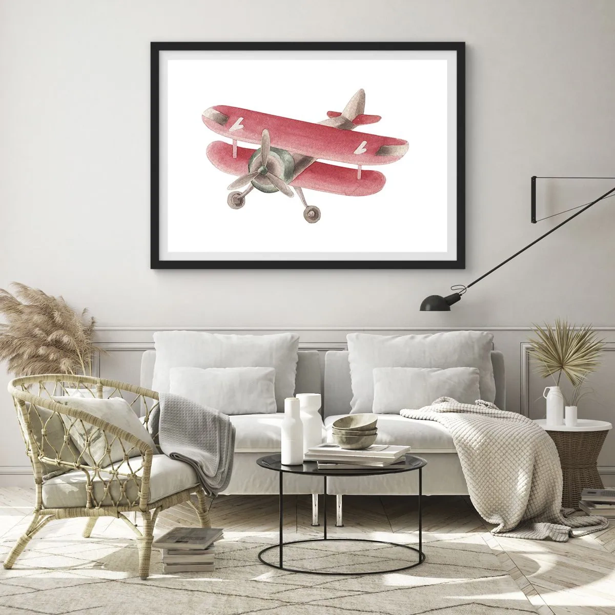 Plakat w czarnej ramie - Czerwony samolot w stylu retro na białym tle - 70x50cm - Gotowy do wysokich lotów - Nowoczesna dekoracja ścienna do salonu i sypialni ARTTOR