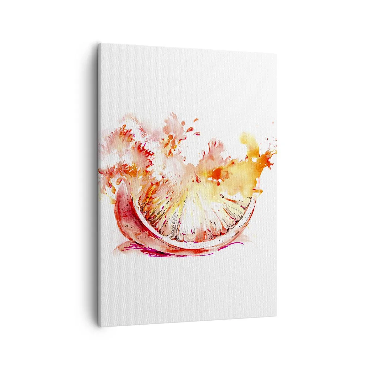 Obraz na płótnie - Akwarelowy plaster soczystego grejpfruta w rozpryskujących się kroplach soku - 50x70cm - Soczyste orzeźwienie - Nowoczesna dekoracja ścienna do salonu, kuchni i sypialni ARTTOR