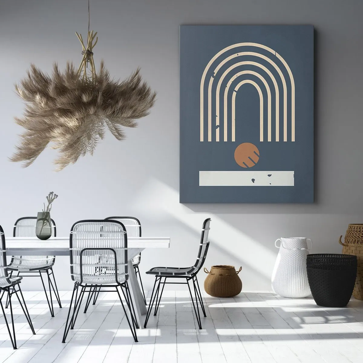 Obraz na płótnie - Geometryczna abstrakcja z łukami i okręgiem na ciemnoniebieskim tle - 50x70cm - Geometria na granacie - Nowoczesna dekoracja ścienna do salonu, kuchni i sypialni ARTTOR
