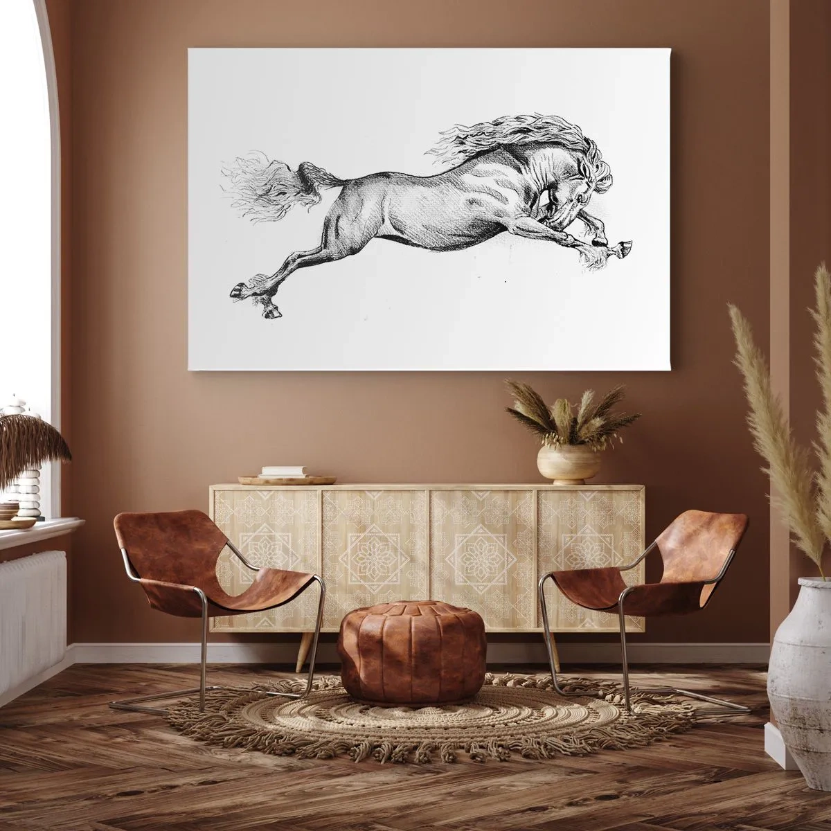 Obraz na płótnie - Szkic konia w dynamicznym galopie na białym tle - 70x50cm - Zatrzymany w galopie - Nowoczesna dekoracja ścienna do salonu i sypialni ARTTOR
