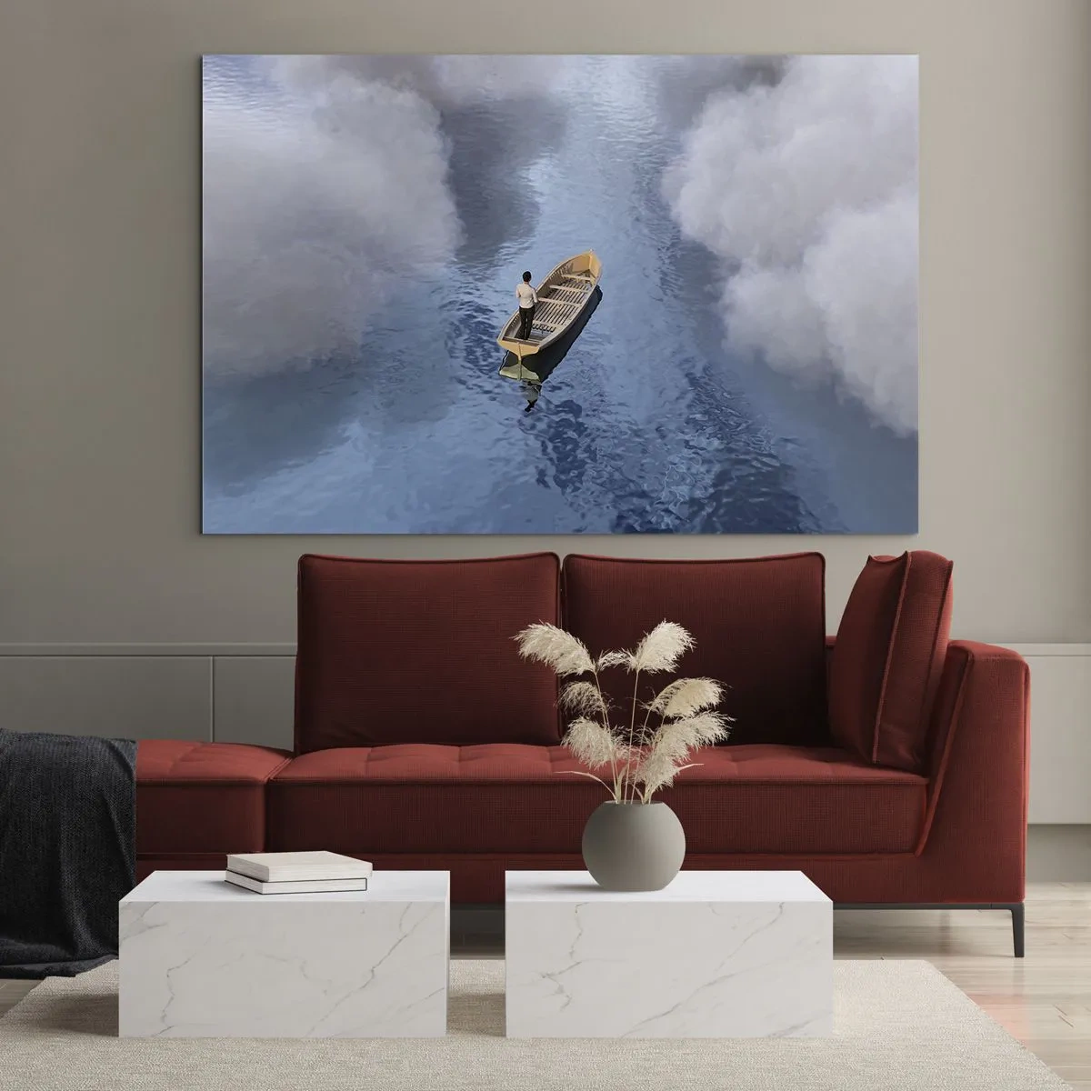 Obraz na szkle - Mężczyzna w łódce płynący przez wodę wśród obłoków - 70x50cm - Życie – podróż – niewiadoma - Nowoczesna dekoracja ścienna do salonu i sypialni ARTTOR