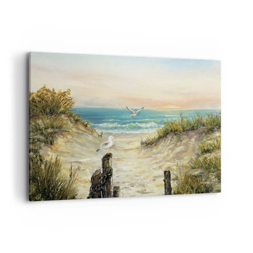 Obraz na płótnie - Wybrzeże z mewami i wydmami o zachodzie słońca - 120x80cm - Bezwietrzne zacisze - Nowoczesna dekoracja ścienna do salonu, kuchni i sypialni ARTTOR